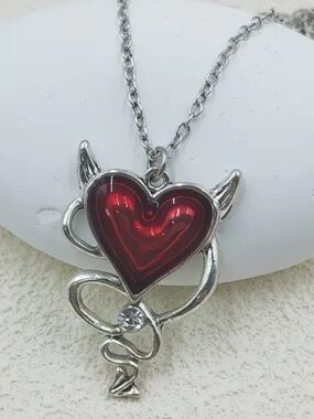 Silver-tone Red Heart Devil Pendant Necklace - Women Jewelry